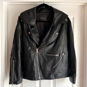 Olivaceous Black Faux Leather Moto Jacket with Silver Toned Zippers and Snaps